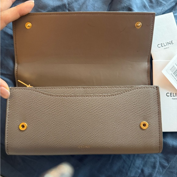 Celine Taupe Pebble Leather Large Flap Wallet